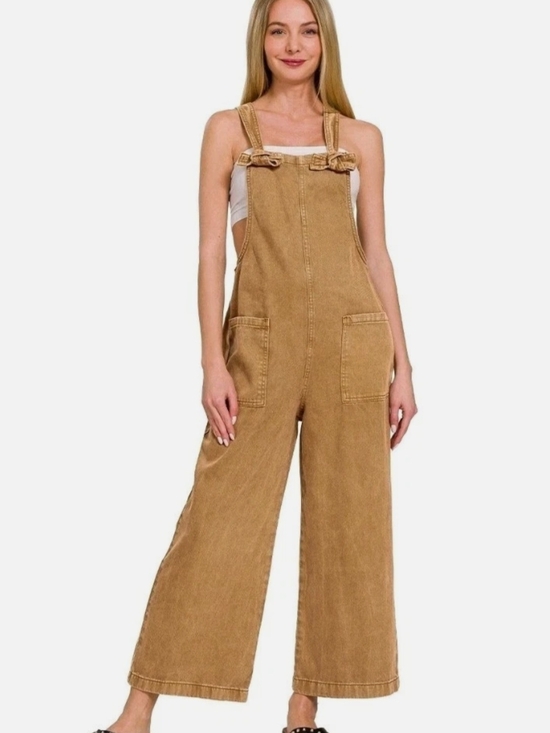 Zenana Outfitters Pants - Zenana Womens Deep Camel Washed Denim Knot Strap Overalls WideLeg NEW-Size Small